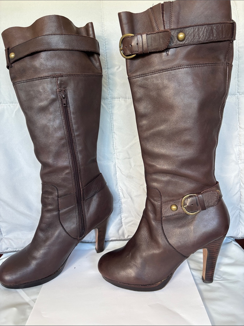 Zigi Soho Bridle Dark Brown Leather Knee-High Heeled Boots-Size 9